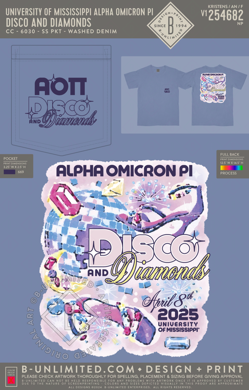 University of Mississippi Alpha Omicron Pi - Disco and Diamonds - CC - 6030 - SS Pocket - Washed Denim
