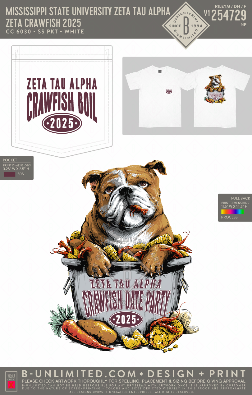Mississippi State University Zeta Tau Alpha - Zeta Crawfish 2025 - CC - 6030 - SS Pocket - White