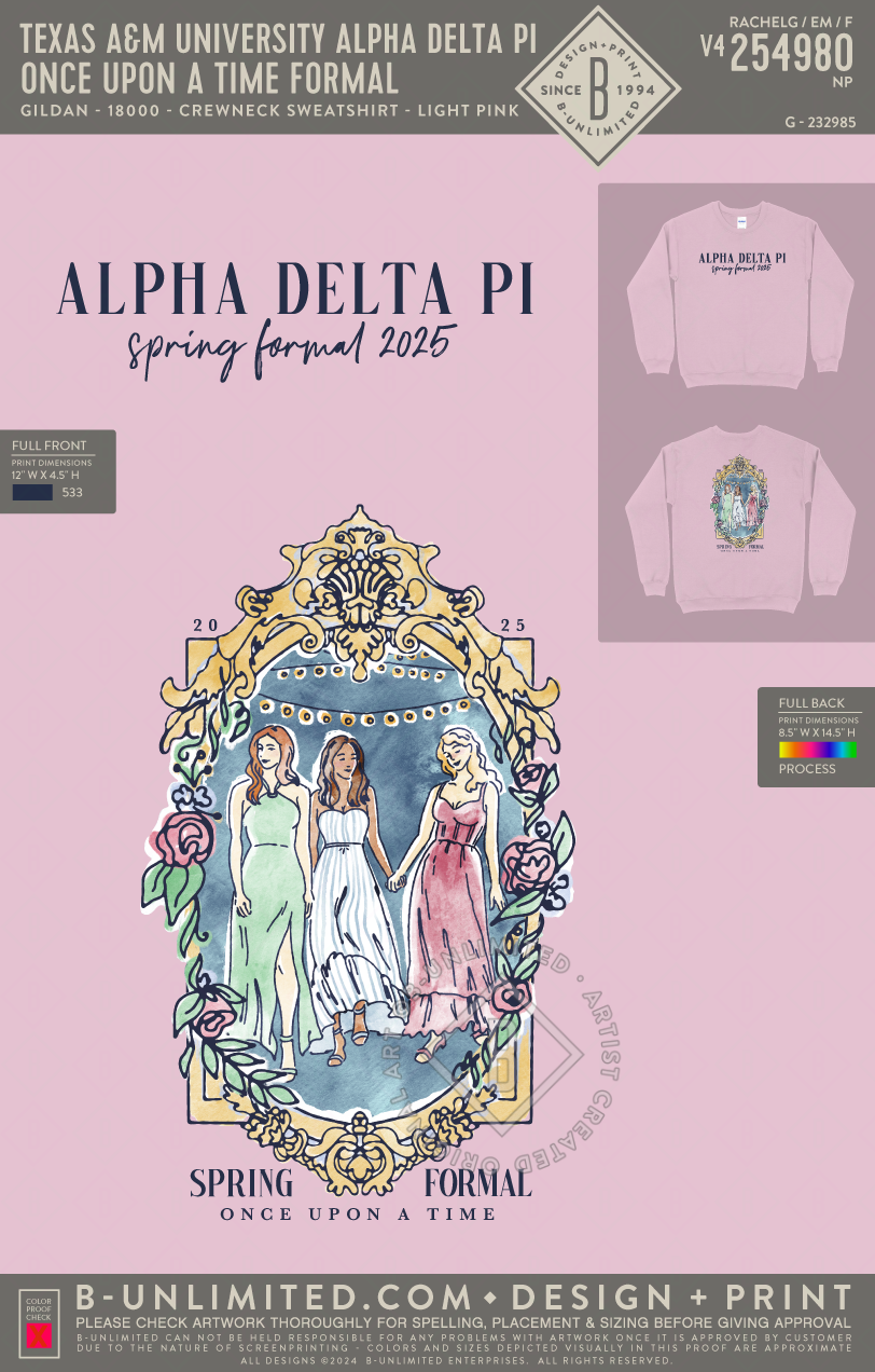 Texas A&M University Alpha Delta Pi - once upon a time formal - Gildan - 18000 - Crewneck Sweatshirt - Light Pink