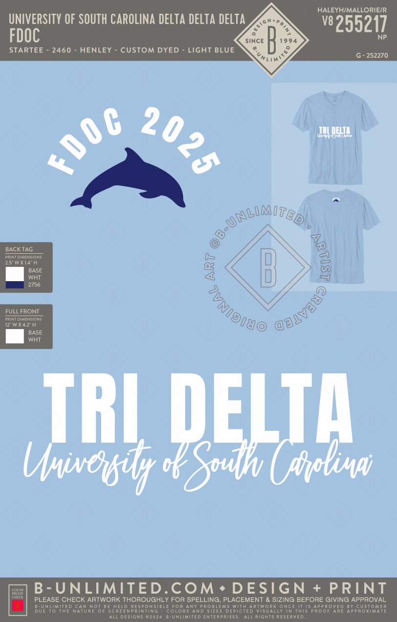 University of South Carolina Delta Delta Delta - FDOC - Star Tee - ST2460 - SS Henley - Light Blue (Custom Dyed)