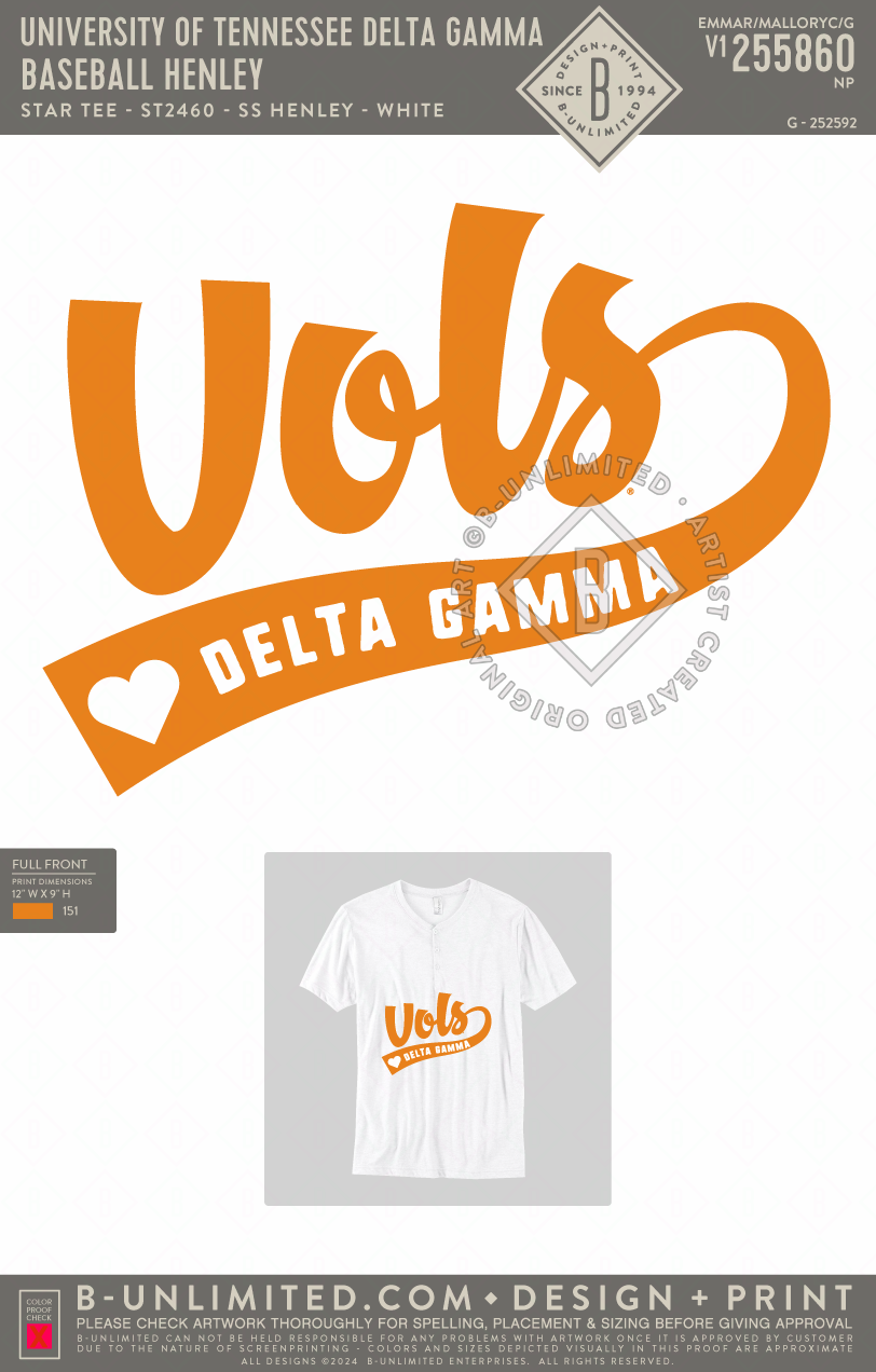 University of Tennessee Delta Gamma - Baseball Henley - Star Tee - ST2460 - SS Henley - White