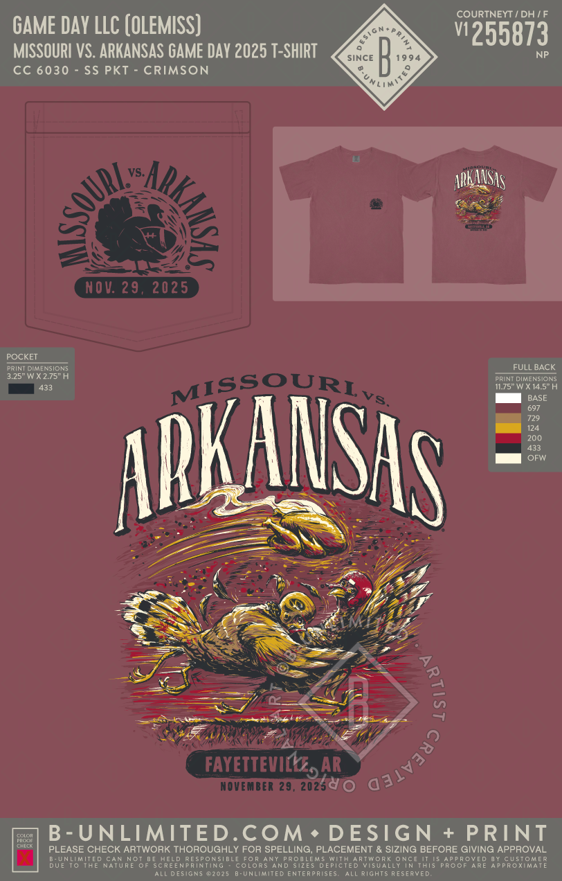 B-Unlimited Wholesale - Missouri vs. Arkansas Game Day 2025 T-Shirt (WS) - CC - 6030 - SS Pocket - Crimson