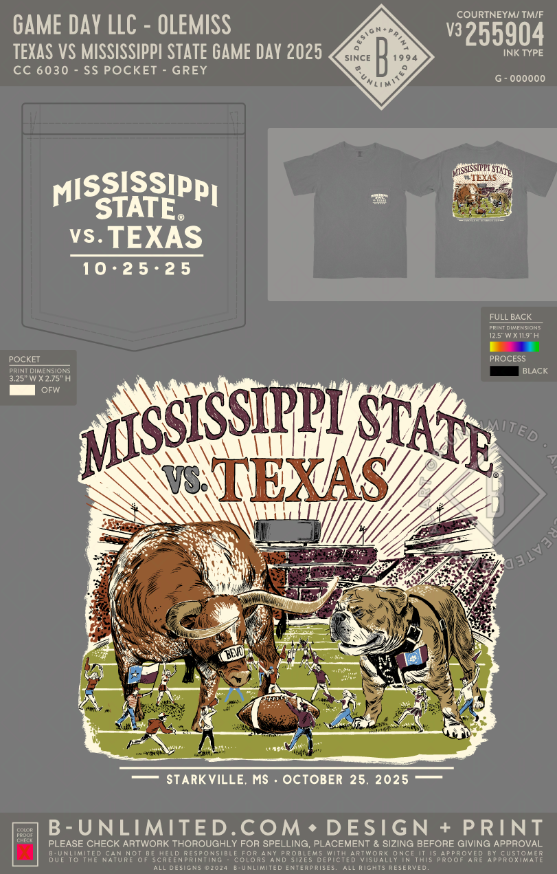 Game Day LLC - Texas vs. Mississippi State Game Day 2025 T-Shirt - CC - 6030 - SS Pocket - Grey