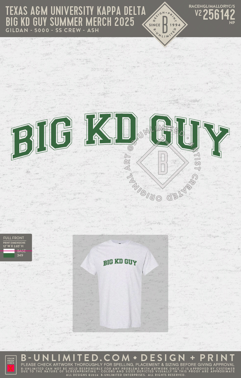 Texas A&M University Kappa Delta - Big KD Guy Summer Merch 2025 - Gildan - 5000 - SS Crew - Ash Grey