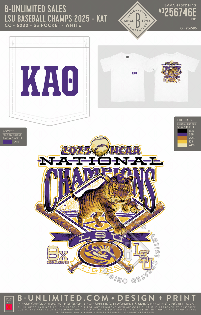 B-Unlimited Sales - LSU Baseball Champs 2025 - KAT - CC - 6030 - SS Pocket - White