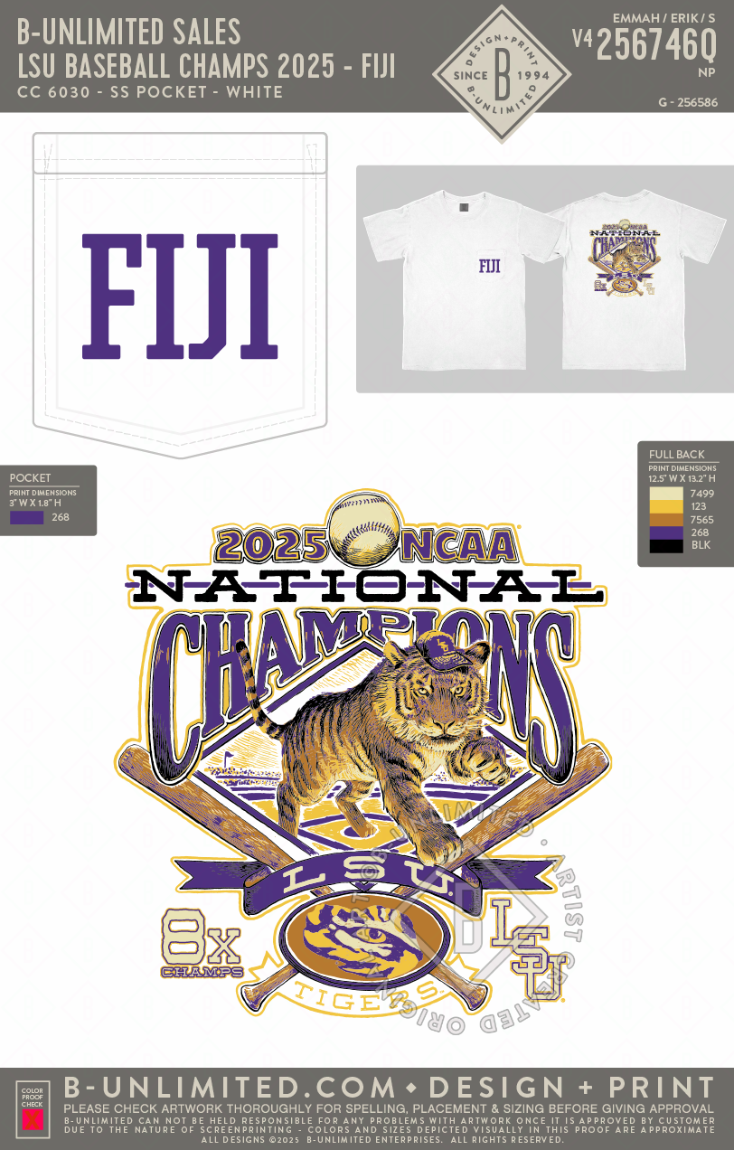 B-Unlimited Sales - LSU Baseball Champs 2025 - FIJI - CC - 6030 - SS Pocket - White