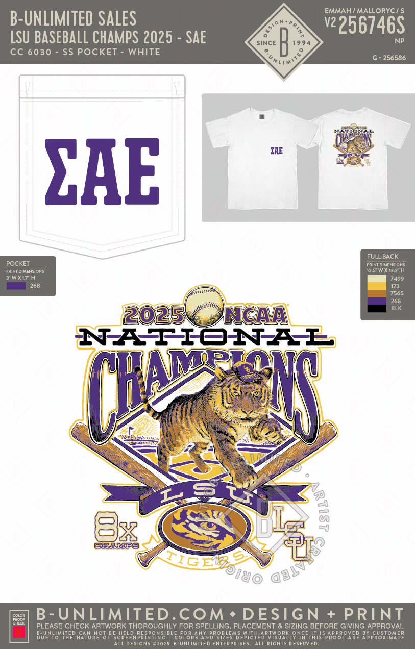 B-Unlimited Sales - LSU Baseball Champs 2025 - SAE - CC - 6030 - SS Pocket - White