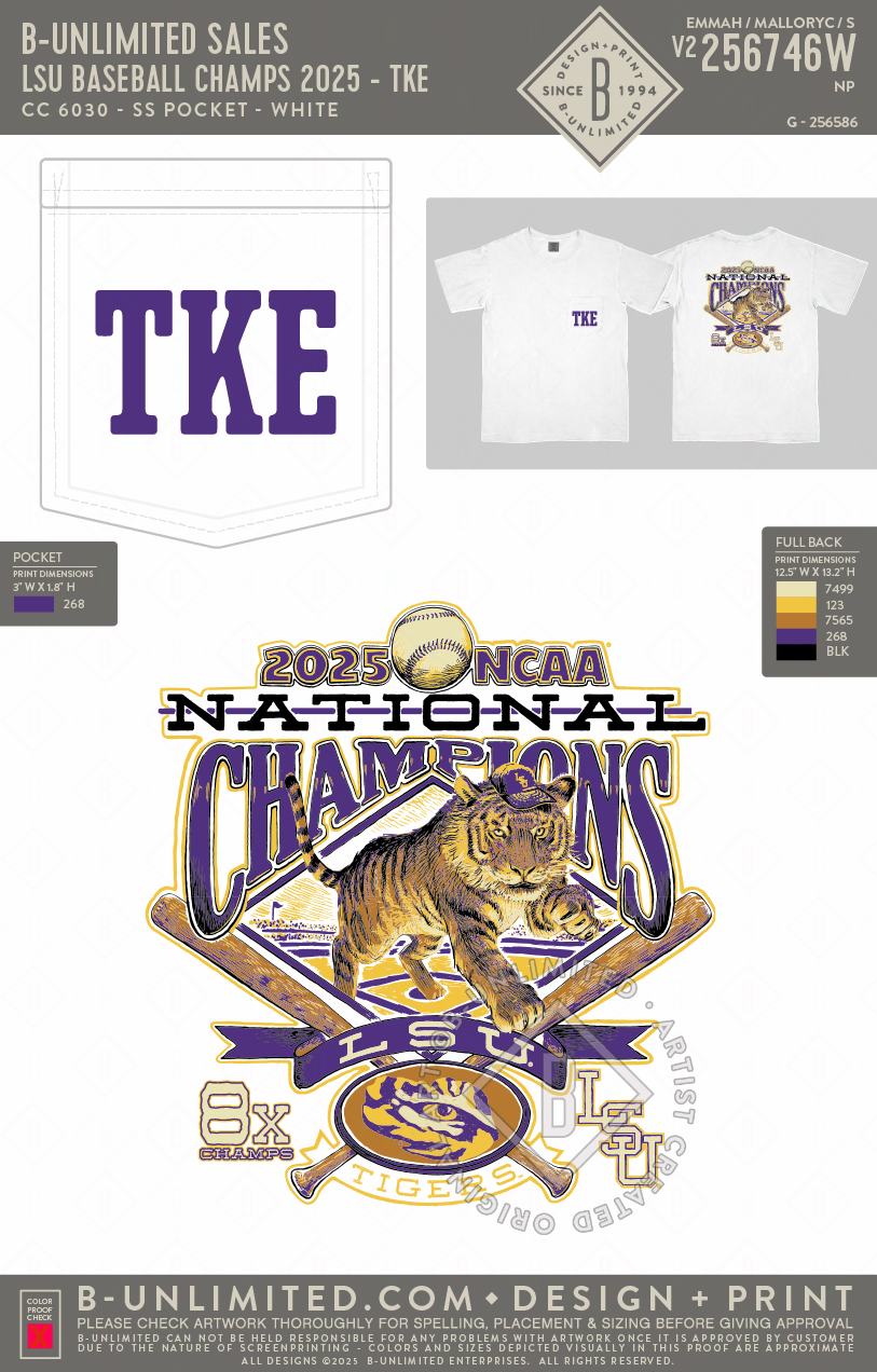 B-Unlimited Sales - LSU Baseball Champs 2025 - TKE - CC - 6030 - SS Pocket - White