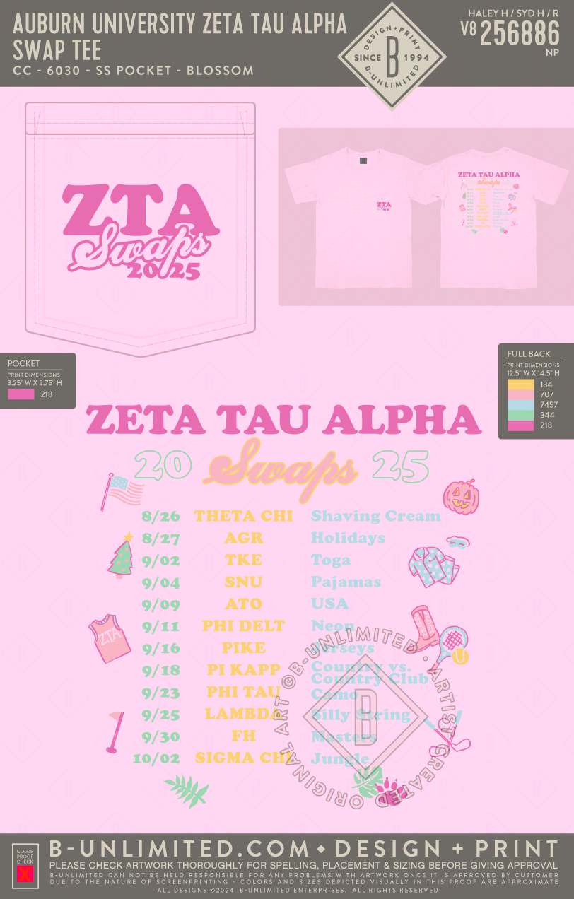 Auburn University Zeta Tau Alpha - Swap Tee - CC - 6030 - SS Pocket - Blossom