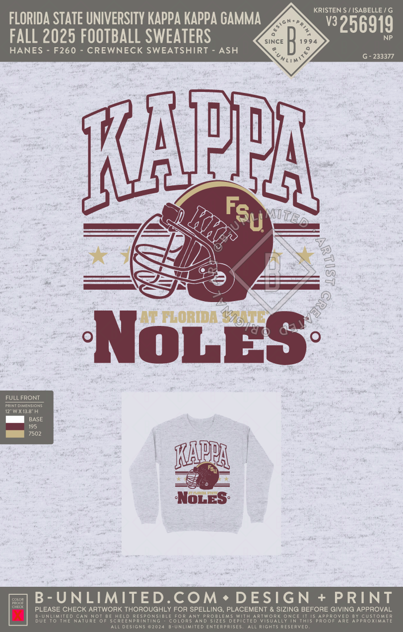 Florida State University Kappa Kappa Gamma - FALL 2025 Football Sweaters (EOS26) - Hanes - F260 - Sweatshirt - Ash