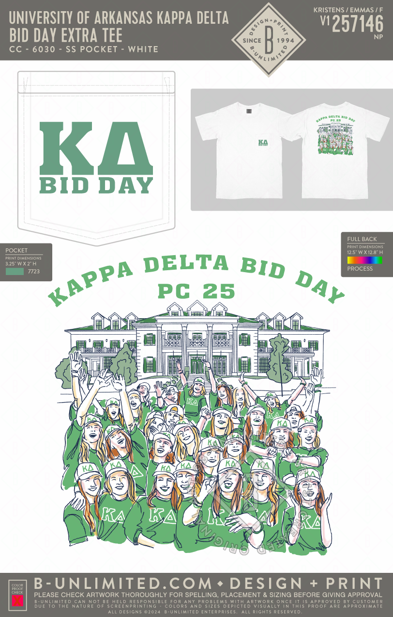 University of Arkansas Kappa Delta - Bid Day Extra Tee - CC - 6030 - SS Pocket - White