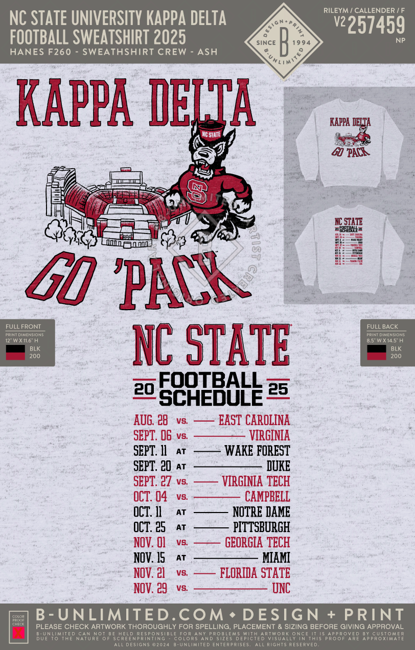 North Carolina State University Kappa Delta - Football Sweatshirt 2025 (EOS26) - Hanes - F260 - Sweatshirt - Ash
