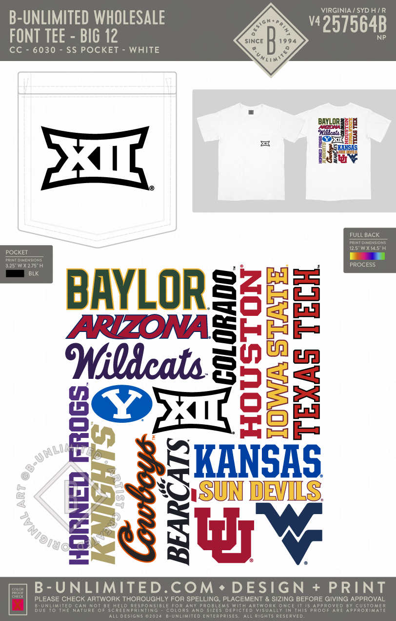 B-Unlimited Wholesale - Font Tee - Big 12 - CC - 6030 - SS Pocket - White