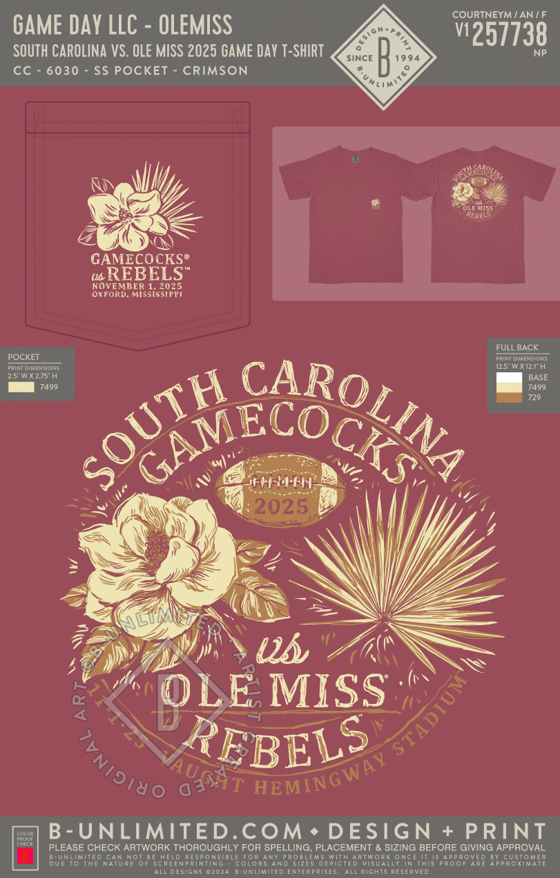 Game Day LLC - OLEMISS - South Carolina vs. Ole Miss 2025 Game Day T-Shirt - CC - 6030 - SS Pocket - Crimson