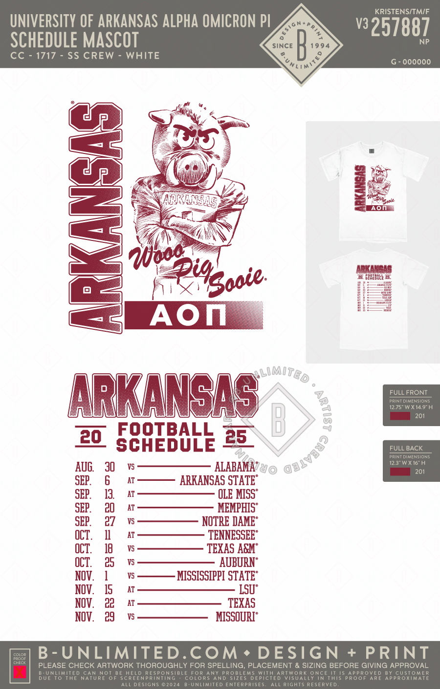 University of Arkansas Alpha Omicron Pi - Schedule Mascot - CC - 1717 - SS Crew - White
