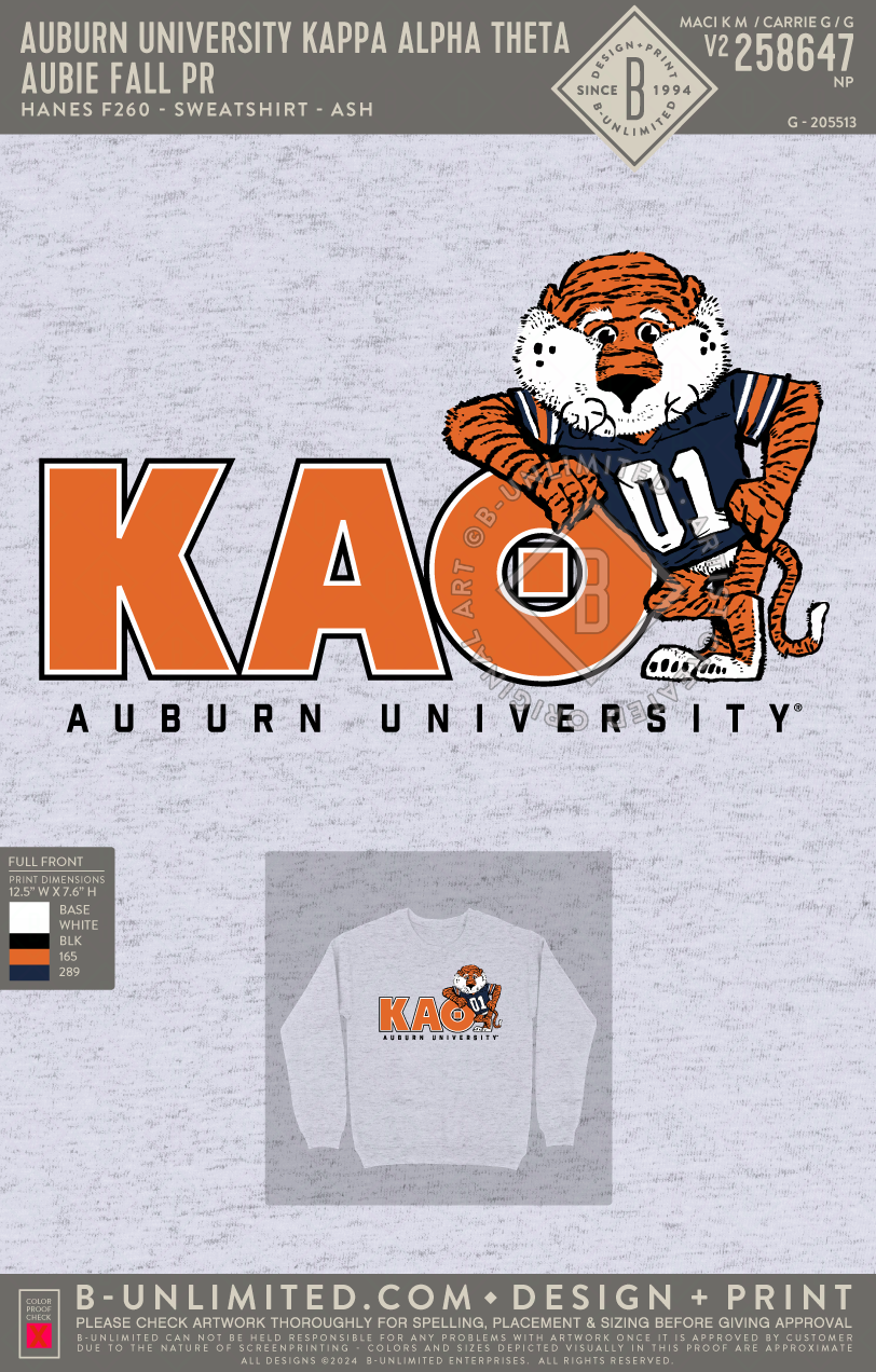 Auburn University Kappa Alpha Theta - Aubie Fall PR (EOS26) - Hanes - F260 - Sweatshirt - Ash