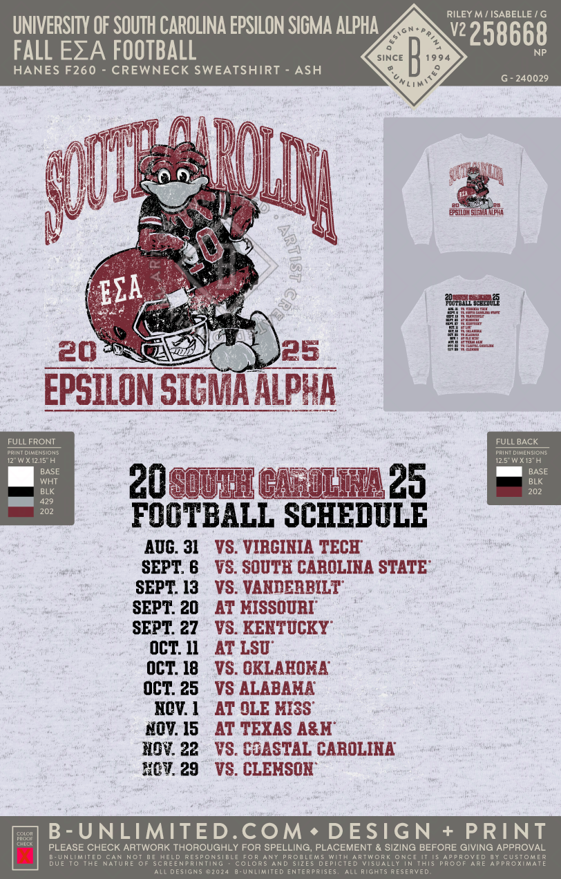 University of South Carolina Epsilon Sigma Alpha - Fall ΕΣΑ Football (EOS26) - Hanes - F260 - Sweatshirt - Ash