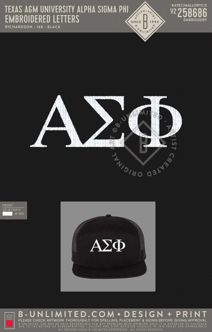 Texas A&M University Alpha Sigma Phi - Embroidered Letters - Richardson - 168 - Hat - Black