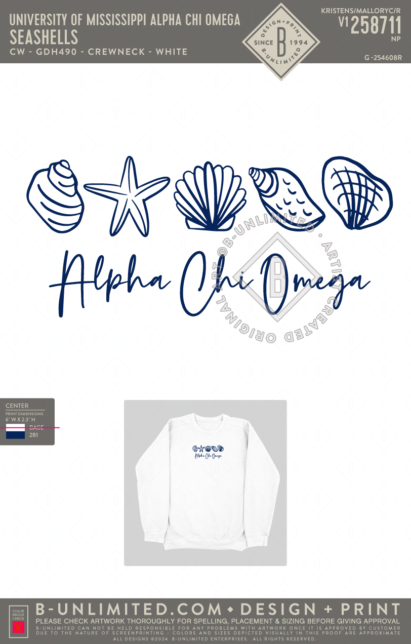 University of Mississippi Alpha Chi Omega - Seashells (EOS26) - Gildan - 18000 - Crewneck Sweatshirt - White