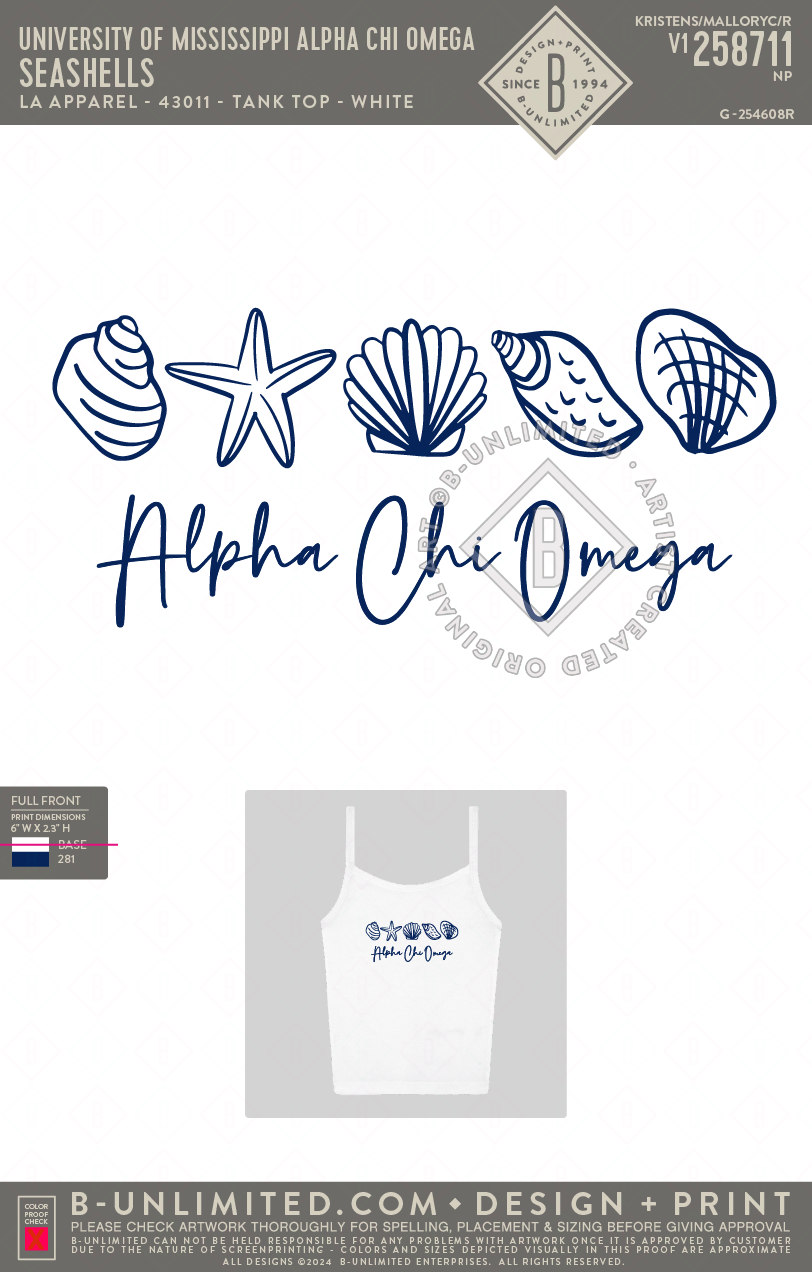 University of Mississippi Alpha Chi Omega - Seashells (EOS26) - LA Apparel - 43011 - Tank Top - White