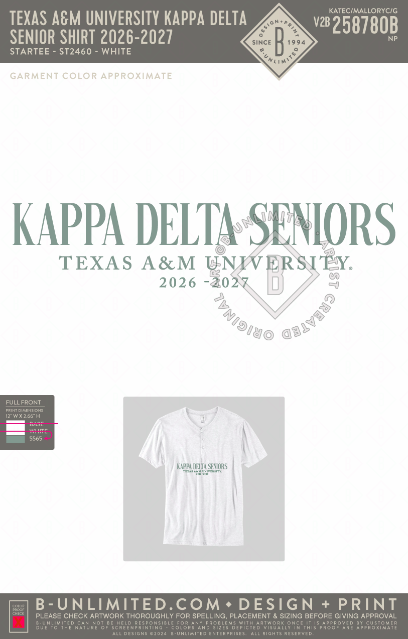 Texas A&M University Kappa Delta - Senior Shirt 2026-2027 - Star Tee - ST2460 - SS Henley - White