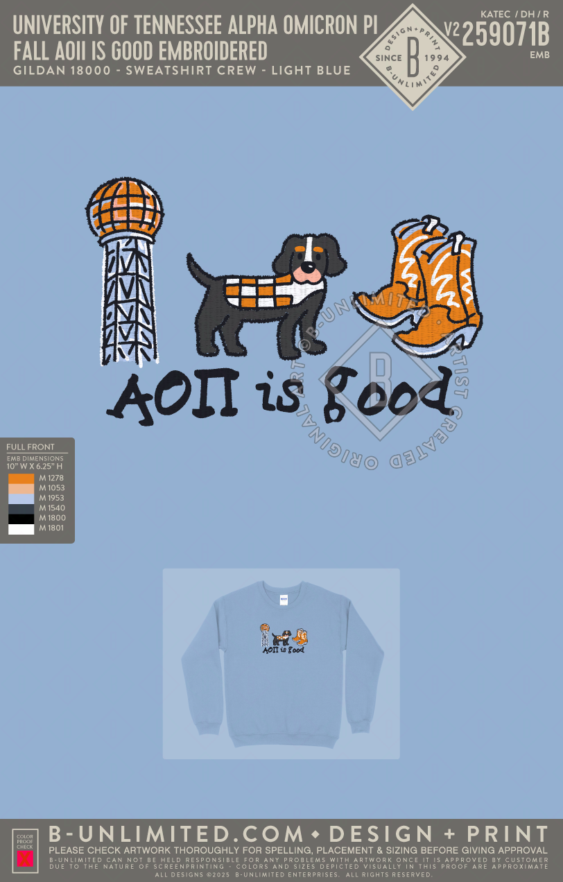 University of Tennessee Alpha Omicron Pi - Fall AOII Is Good Embroidered - Gildan - 18000 - Crewneck Sweatshirt - Light Blue