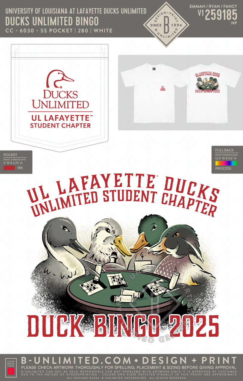University of Louisiana at Lafayette Ducks Unlimited - Ducks Unlimited Bingo - CC - 6030 - SS Pocket - White