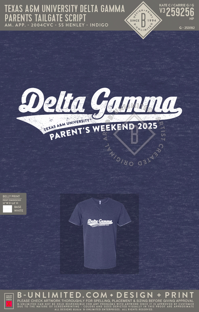 Texas A&M University Delta Gamma - Parents Tailgate Script - American Apparel - 2004CVC - Henley Tee - Heather Indigo