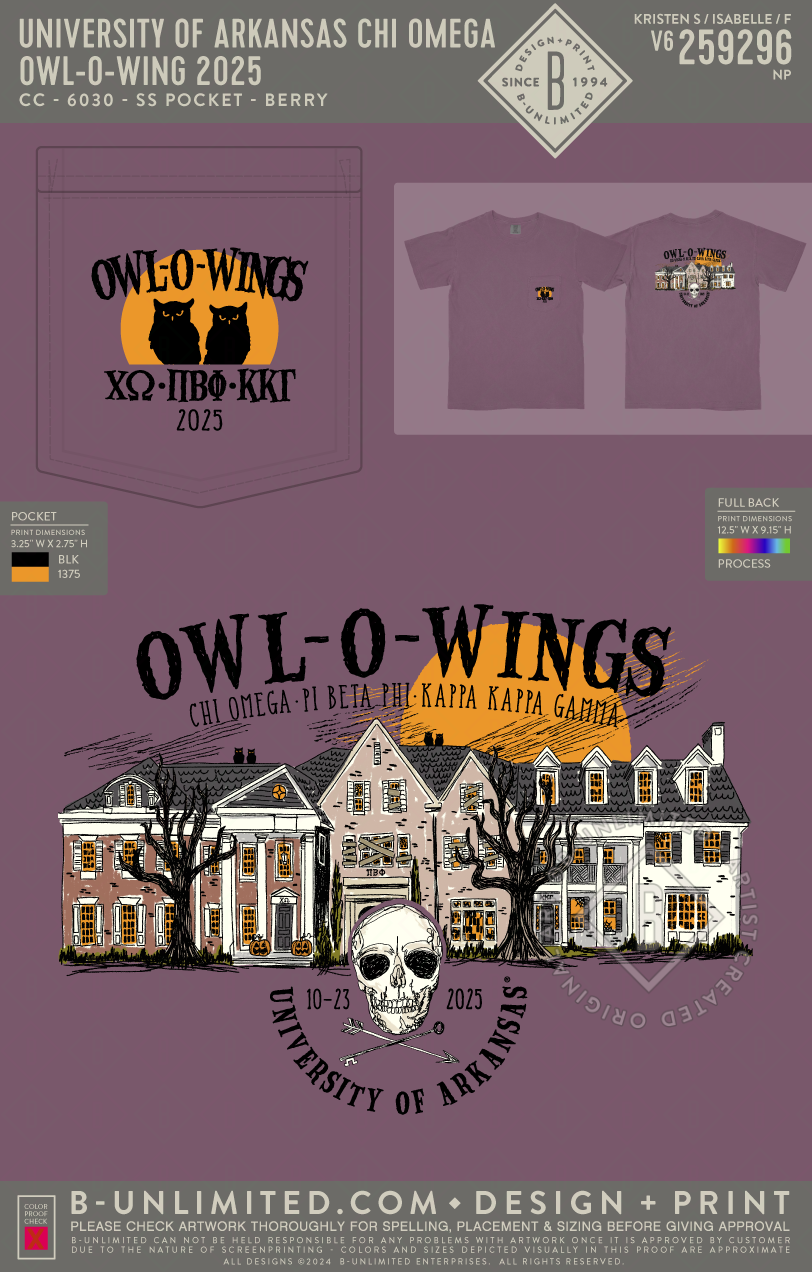 University of Arkansas Chi Omega - Owl-O-Wing 2025 - CC - 6030 - SS Pocket - Berry
