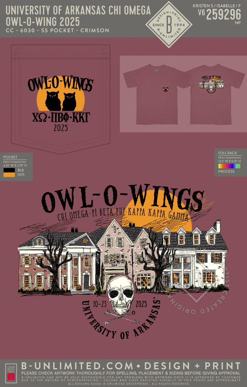 University of Arkansas Chi Omega - Owl-O-Wing 2025 - CC - 6030 - SS Pocket - Crimson