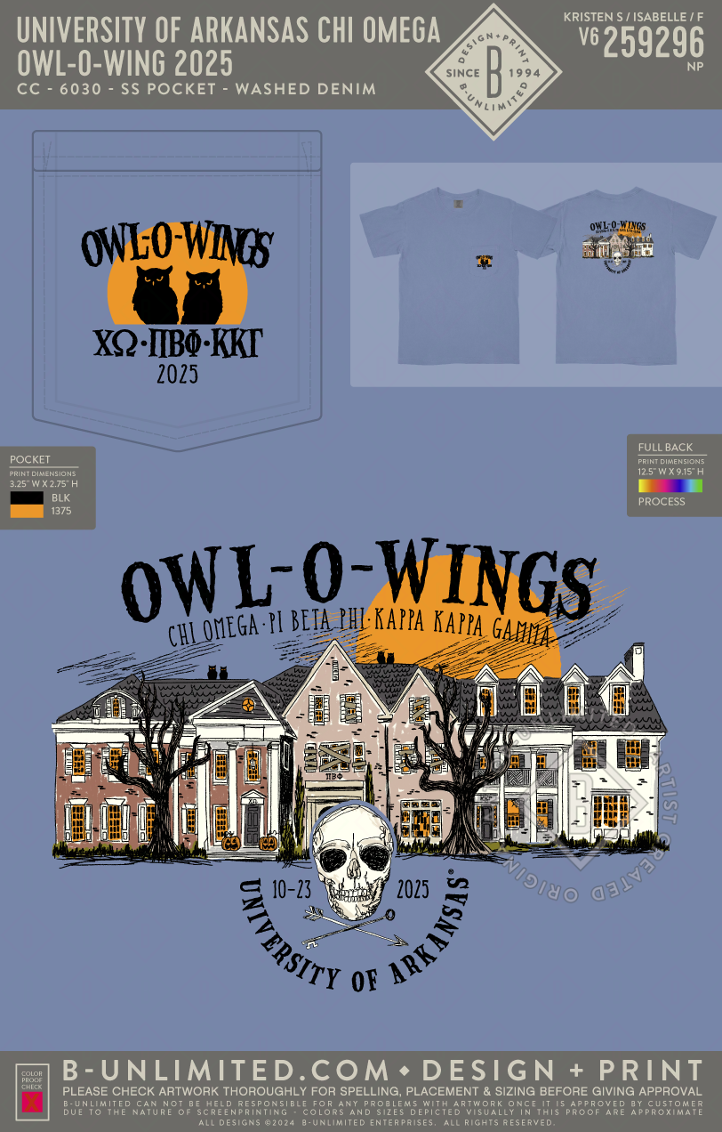 University of Arkansas Chi Omega - Owl-O-Wing 2025 - CC - 6030 - SS Pocket - Washed Denim