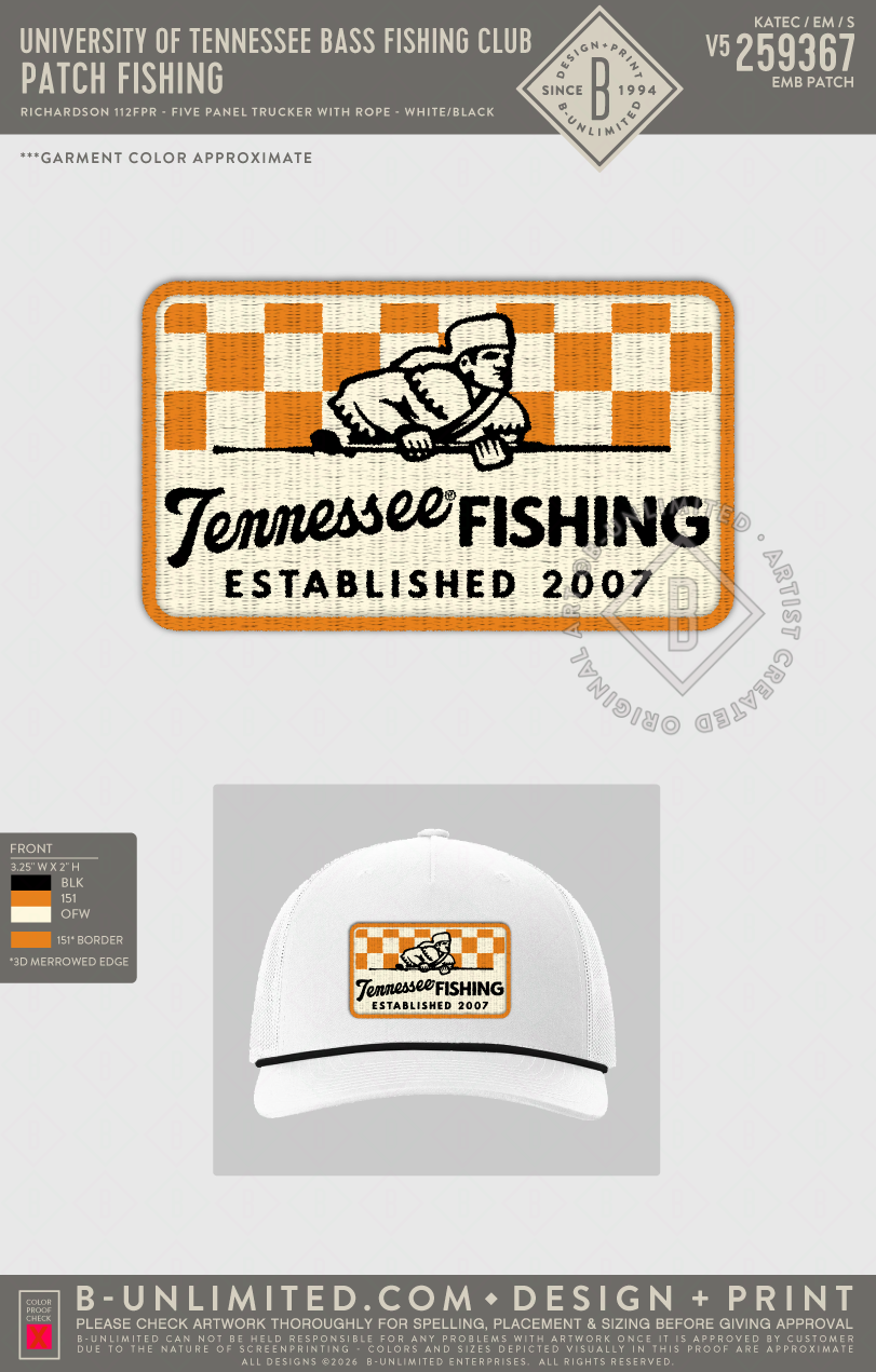 University of Tennessee Bass Fishing Club - Patch Fishing - Richardson - 112FPR - Five-Panel Trucker with Rope Cap - White/Black