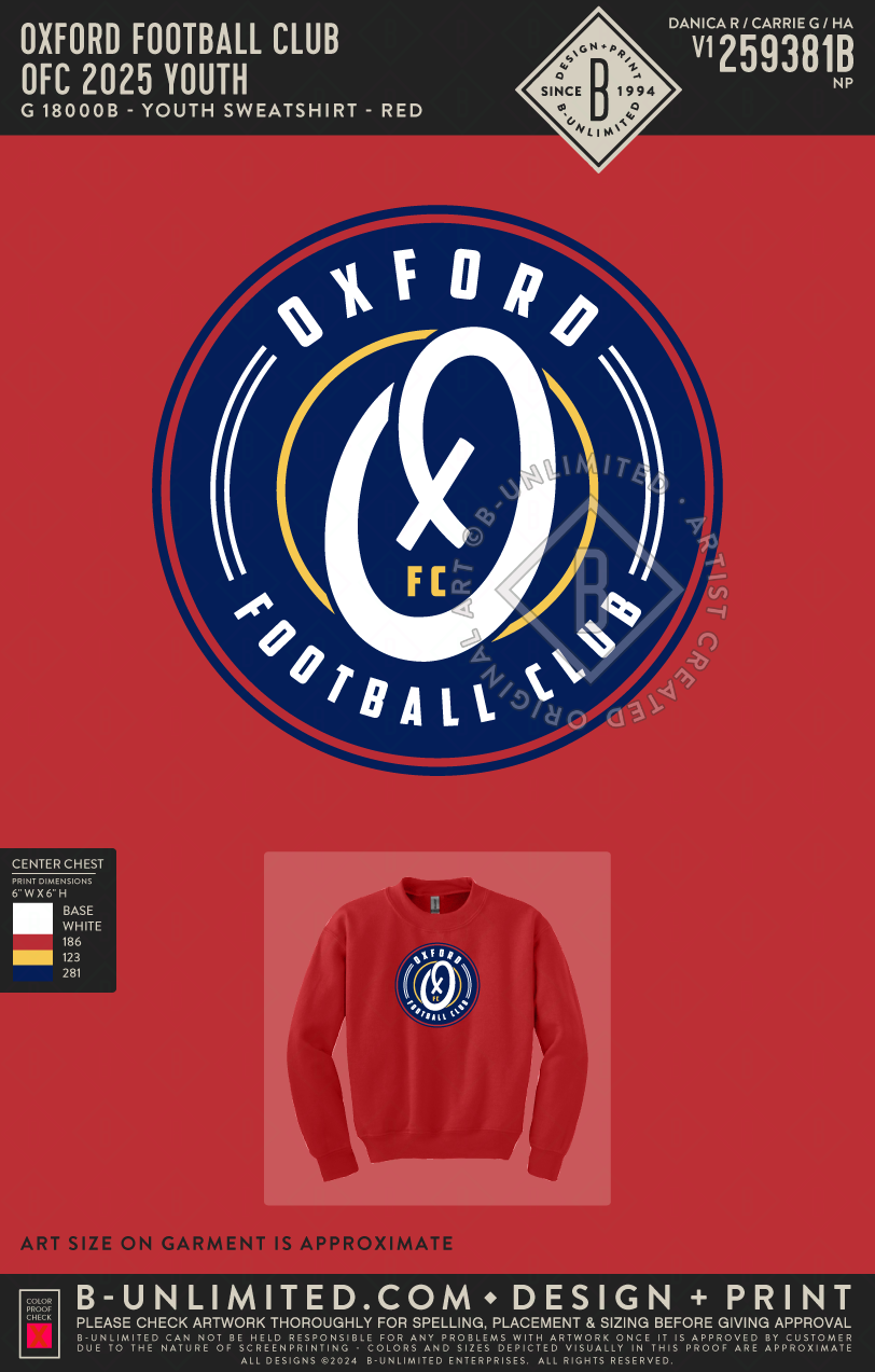 Oxford Football Club - OFC 2025 YOUTH - Gildan - 18000B - Youth Sweatshirt - Red