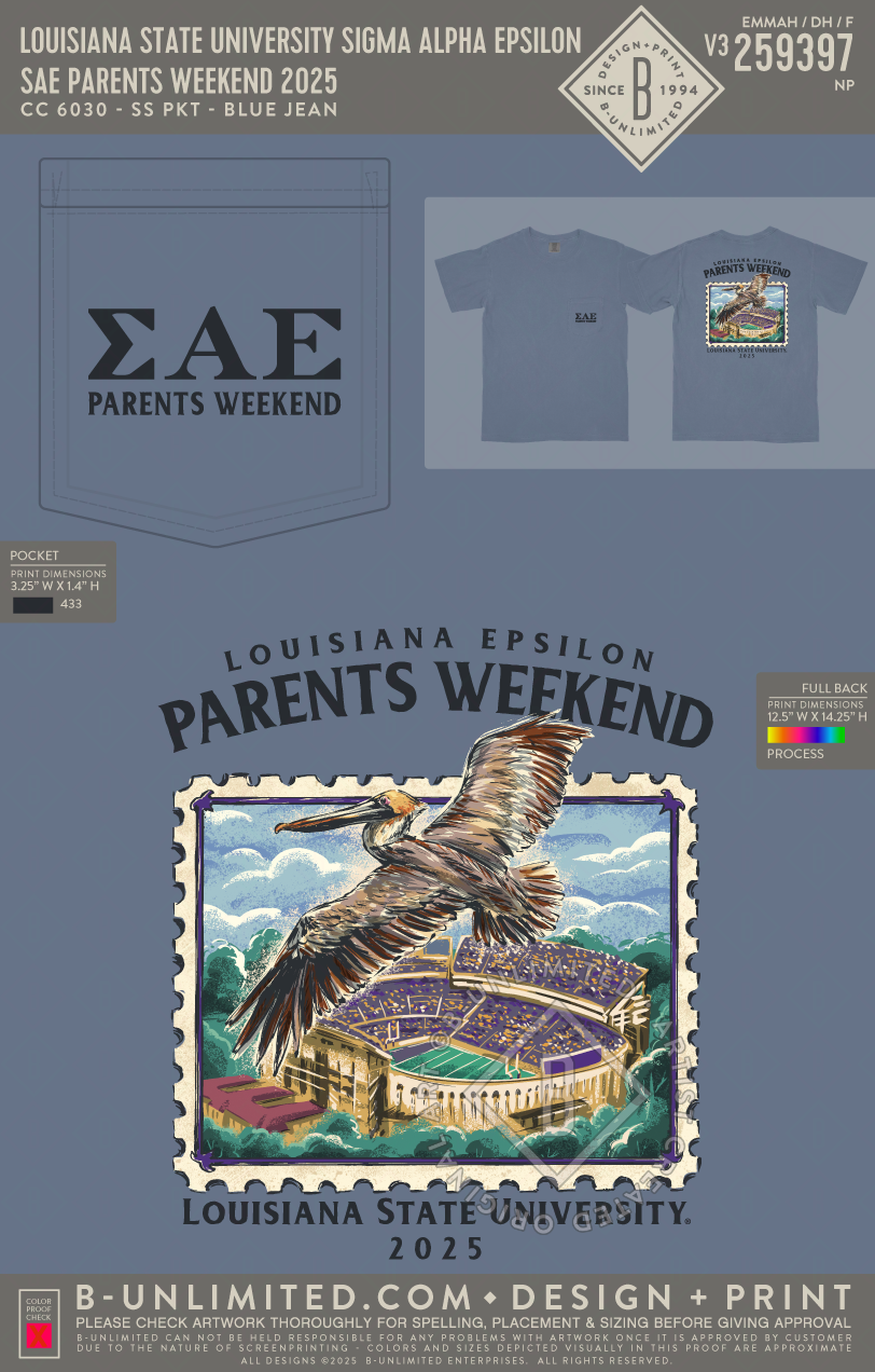 Louisiana State University Sigma Alpha Epsilon - SAE Parents Weekend 2025 - CC - 6030 - SS Pocket - Blue Jean
