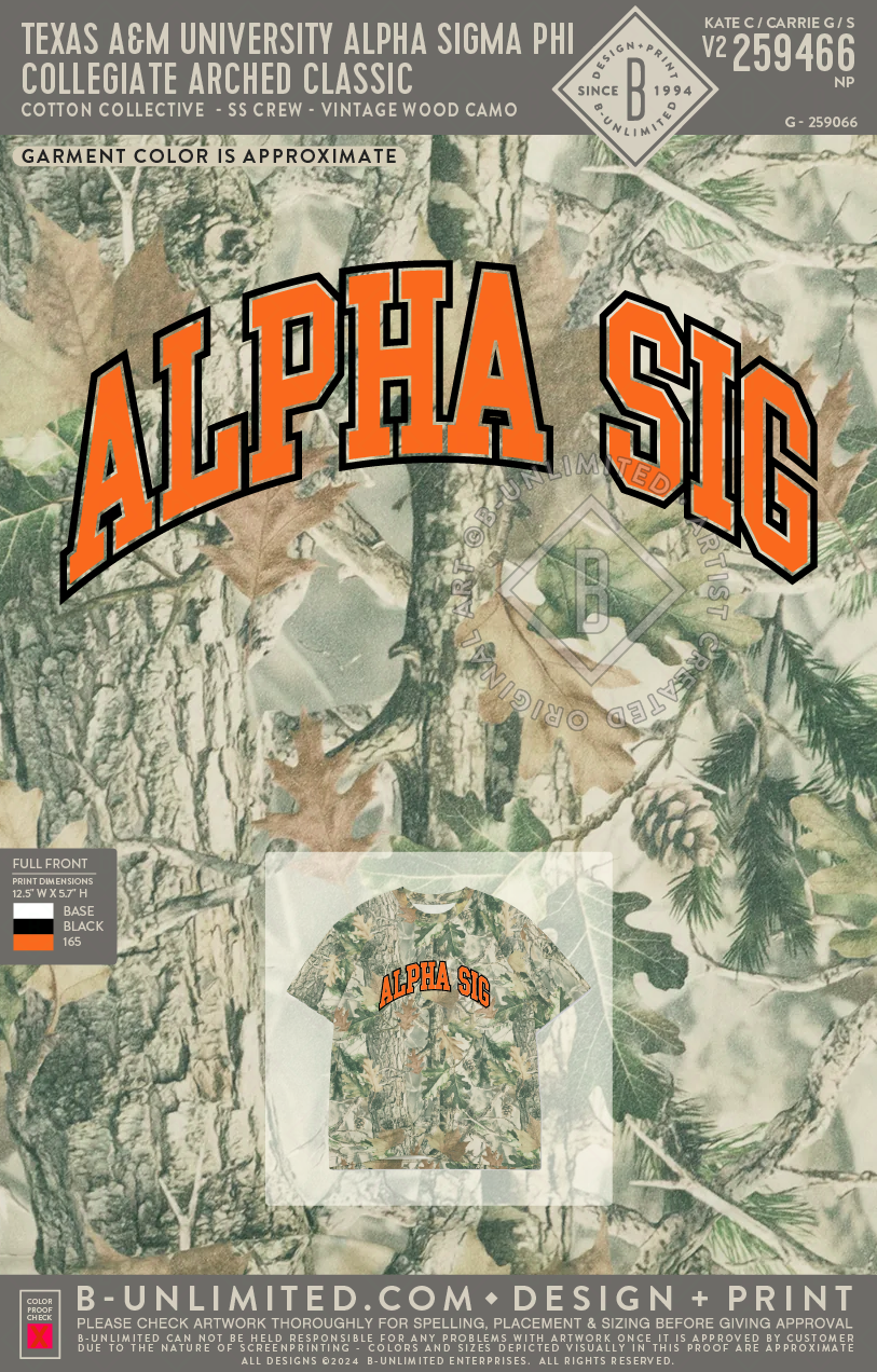Texas A&M University Alpha Sigma Phi - Collegiate Arched Classic - Cotton Collective - CCSST250SNW - SS Crew - Vintage Wood Camo