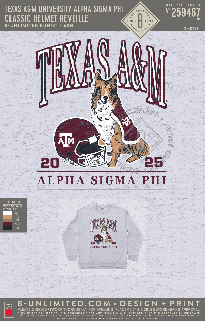 Texas A&M University Alpha Sigma Phi - Classic Helmet Reveille - B-Unlimited BUN101 - Ash