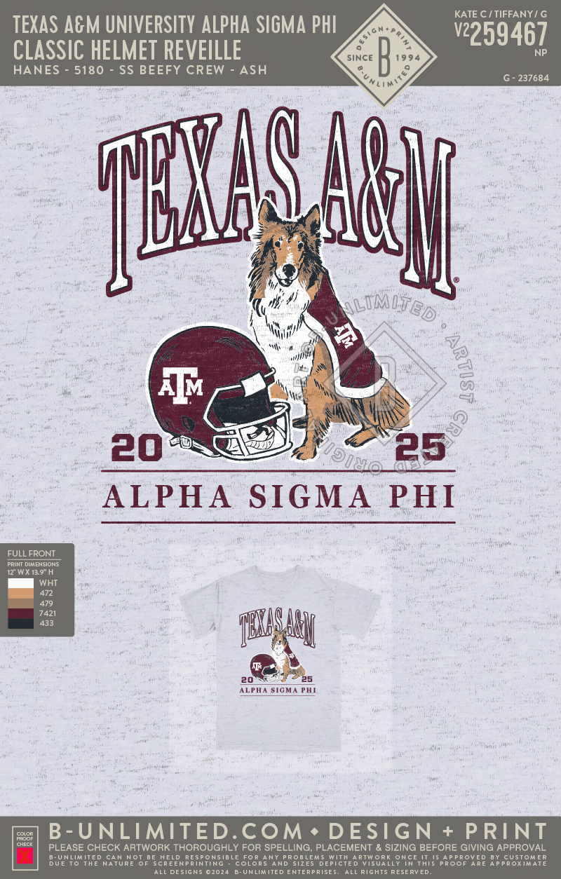 Texas A&M University Alpha Sigma Phi - Classic Helmet Reveille - Hanes - 5180 - SS Beefy Crew - Ash