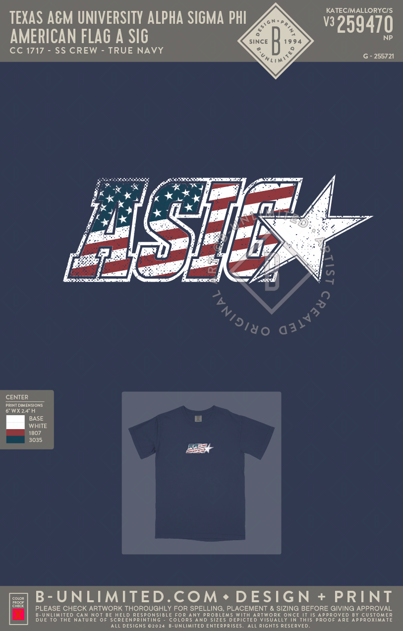 Texas A&M University Alpha Sigma Phi - American Flag A Sig - CC - 1717 - SS Crew - True Navy