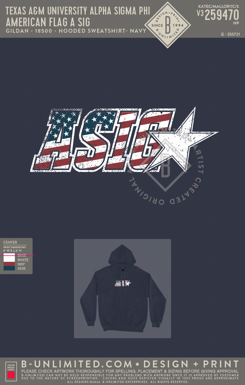 Texas A&M University Alpha Sigma Phi - American Flag A Sig - Gildan - 18500 - Hoodie - Navy