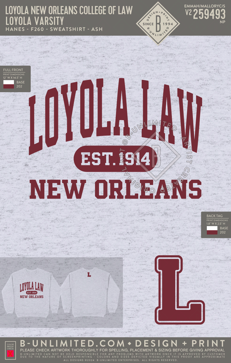 Loyola New Orleans College of Law - Loyola Varsity - Hanes - F260 - Sweatshirt - Ash