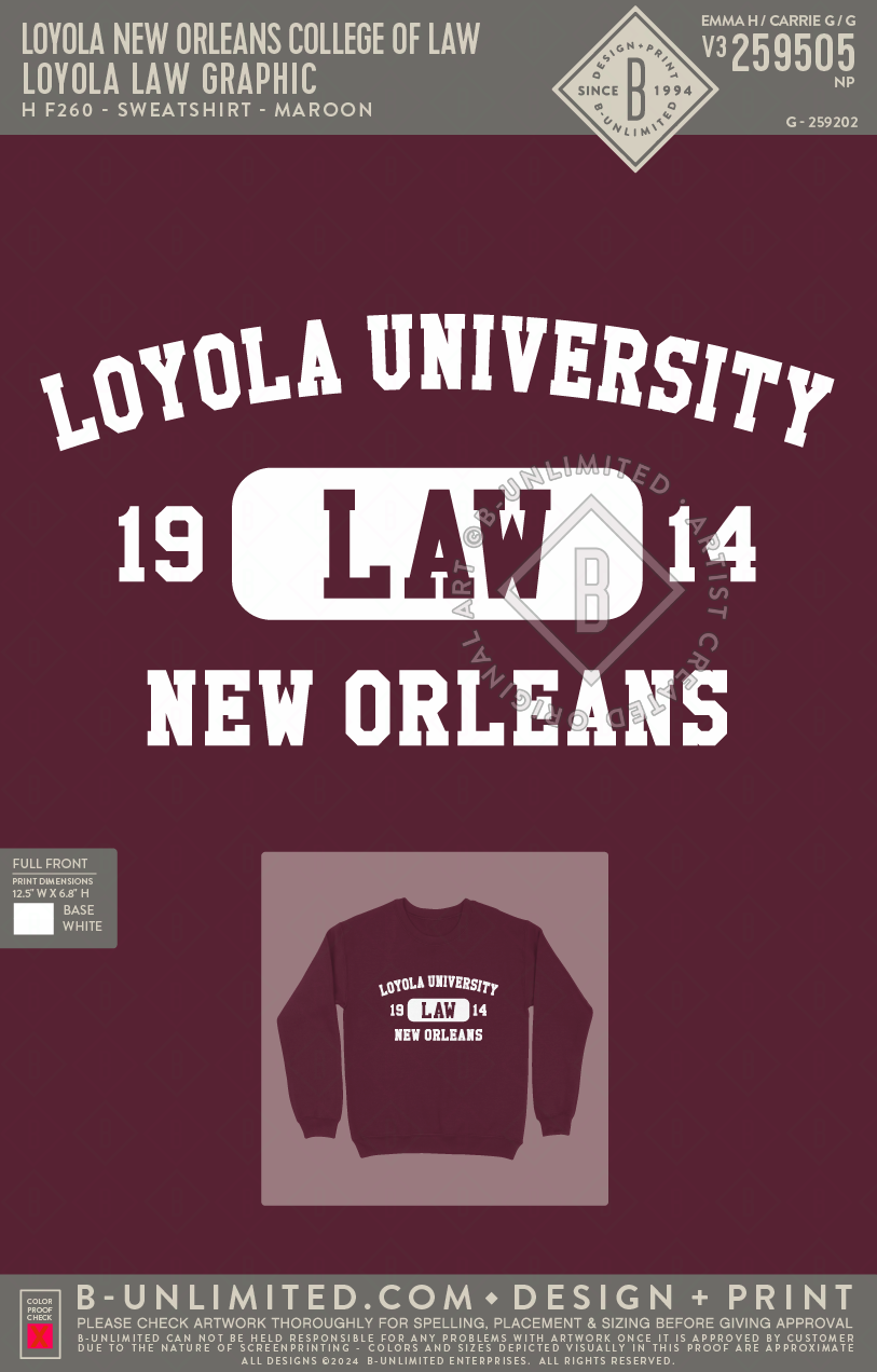 Loyola New Orleans College of Law - Loyola Law Graphic - Hanes - F260 - Sweatshirt - Maroon