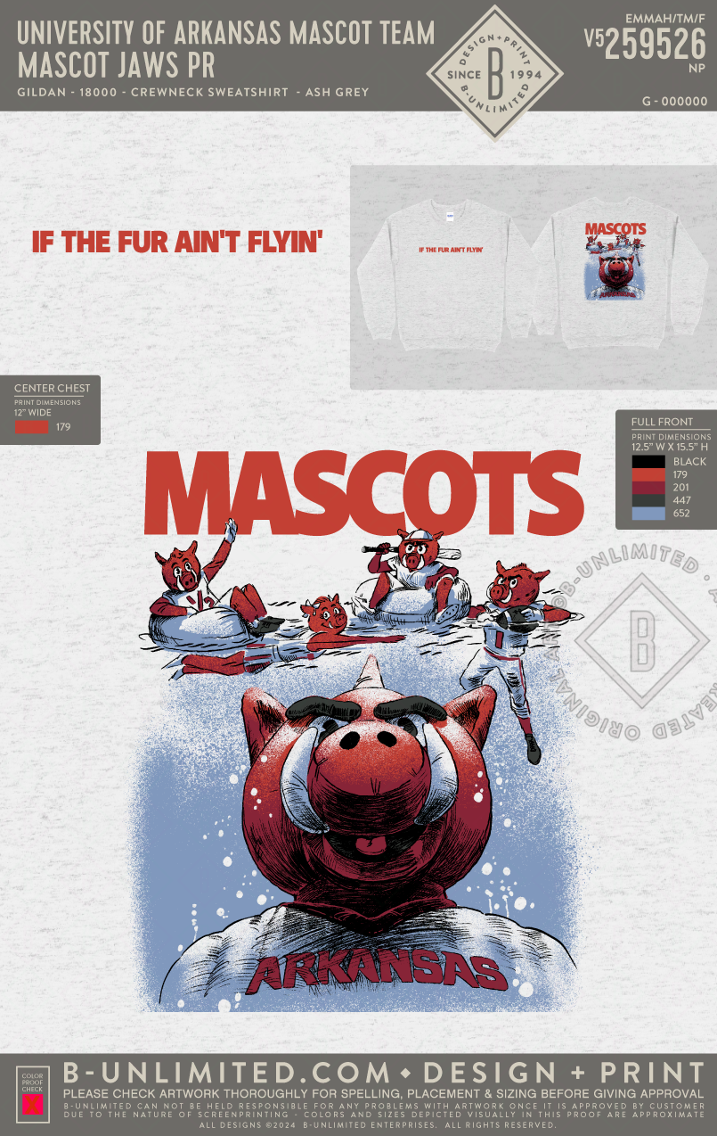 University of Arkansas Mascot Team - Mascot Jaws PR - Gildan - 18000 - Crewneck Sweatshirt - Ash Grey