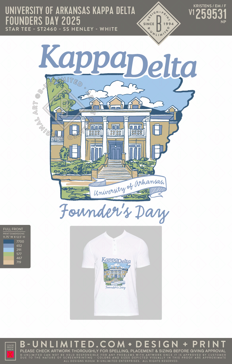 University of Arkansas Kappa Delta - Founders Day 2025 - Star Tee - ST2460 - SS Henley - White
