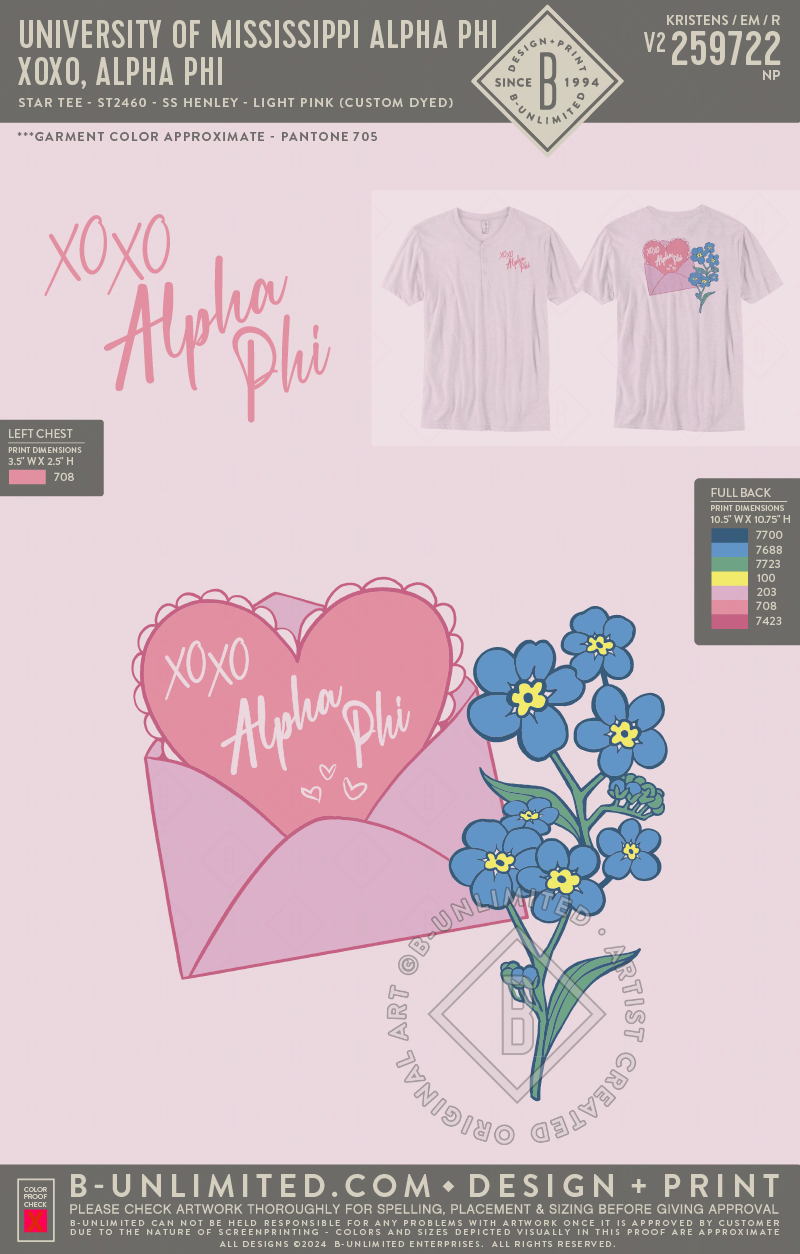 University of Mississippi Alpha Phi - XOXO, Alpha Phi - Star Tee - ST2460 - SS Henley - Light Pink (Custom Dyed)