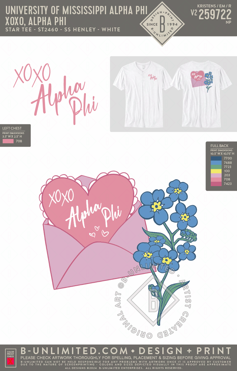 University of Mississippi Alpha Phi - XOXO, Alpha Phi - Star Tee - ST2460 - SS Henley - White