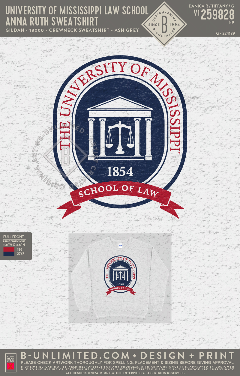 University of Mississippi Law School - Anna Ruth Sweatshirt - Gildan - 18000 - Crewneck Sweatshirt - Ash Grey