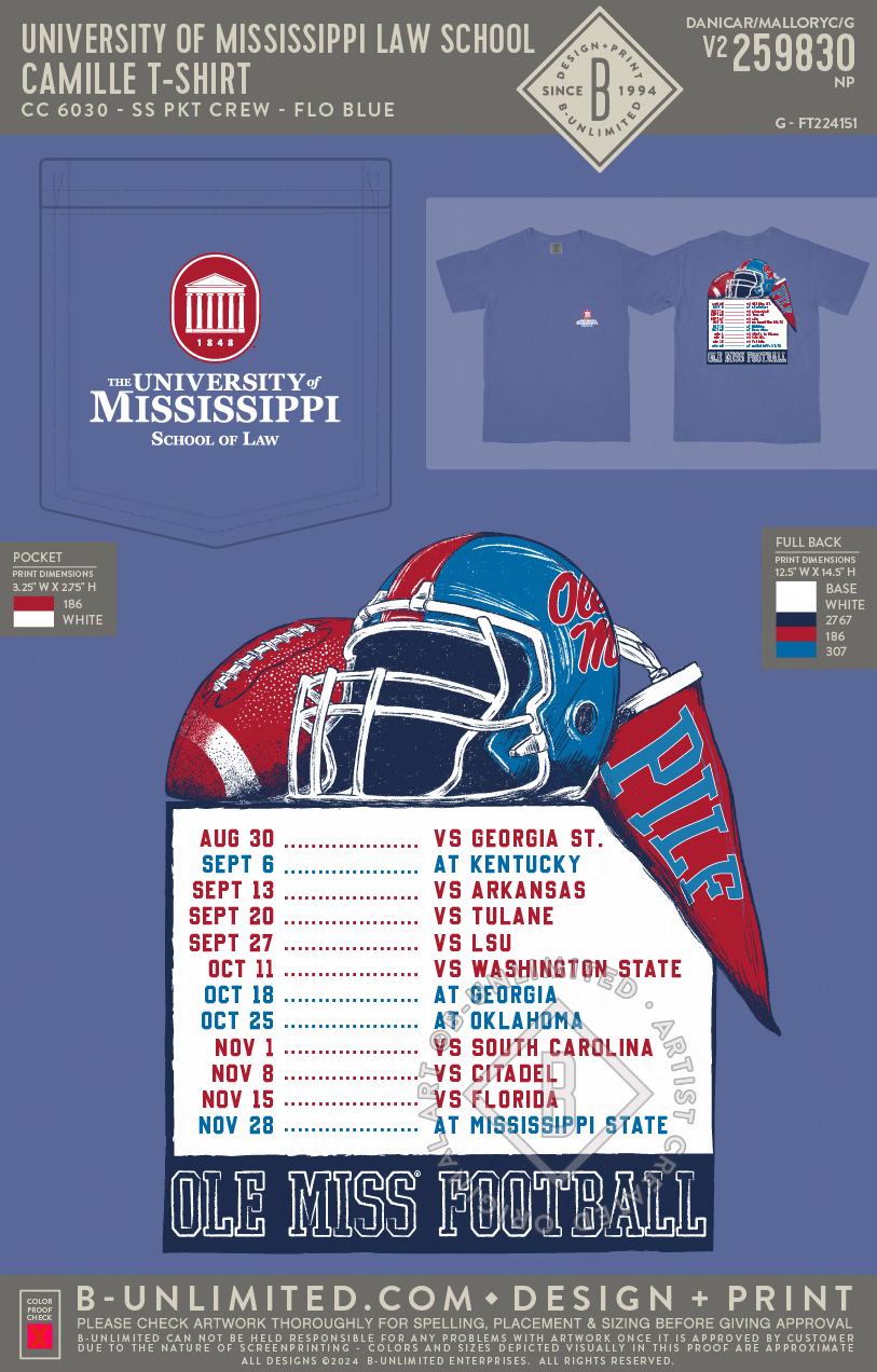 University of Mississippi Law School - Camille T-Shirt - CC - 6030 - SS Pocket - Flo Blue