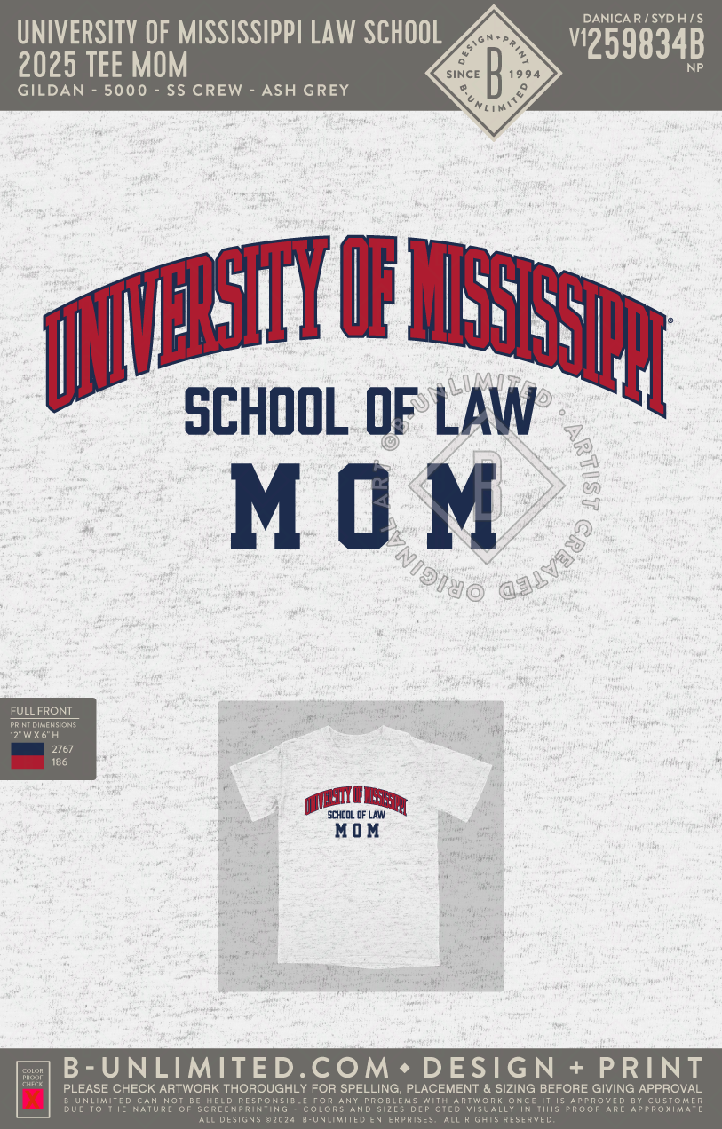 University of Mississippi Law School - 2025 Tee Mom - Gildan - 5000 - SS Crew - Ash Grey