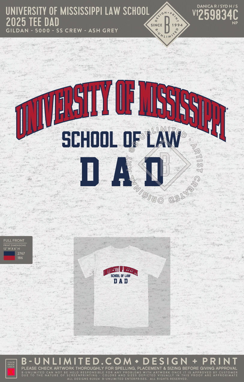 University of Mississippi Law School - 2025 Tee Dad - Gildan - 5000 - SS Crew - Ash Grey