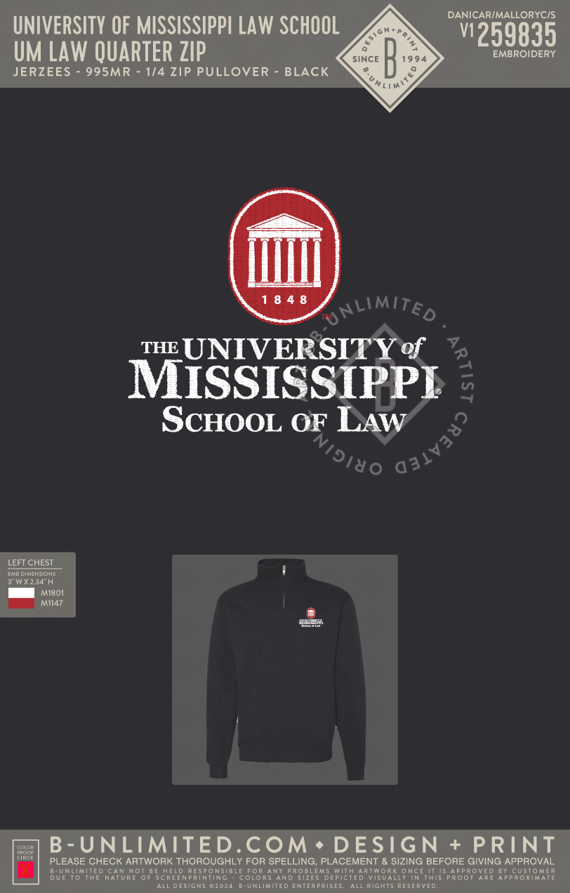 University of Mississippi Law School - UM Law Quarter Zip - Jerzees - 995MR - 1/4 Zip Pullover - Black